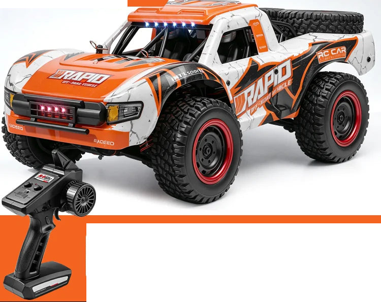 Orange RAPID Q130A vehicle and controller; battery count and shock package depend on the selected configuration
