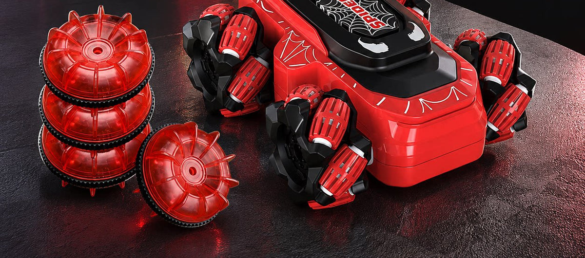 Red web-pattern RC stunt car and matching wheel sets