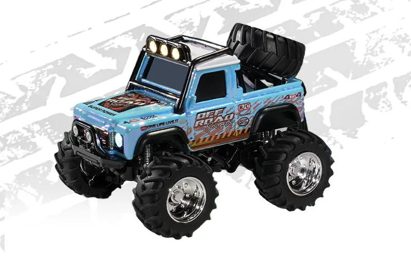1:64 Glitter-Finish Mini RC Pickup with Card Remote: Blue OFF ROAD single-cab mini RC pickup, preserving actual physical livery
