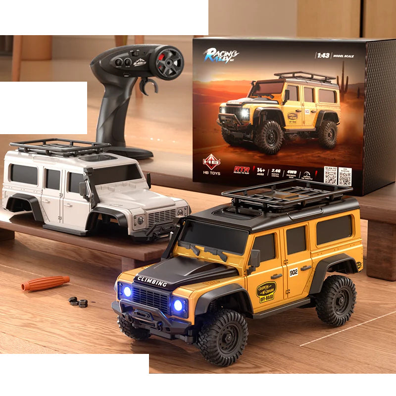 HB R43 1:43 Mini RC Crawler SUV Series: R4304 / Yellow Expedition SUV with one handheld controller and one spare white body shell; one complete vehicle supplied