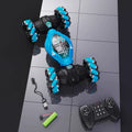 Blue twist RC car with handheld remote and charging accessories