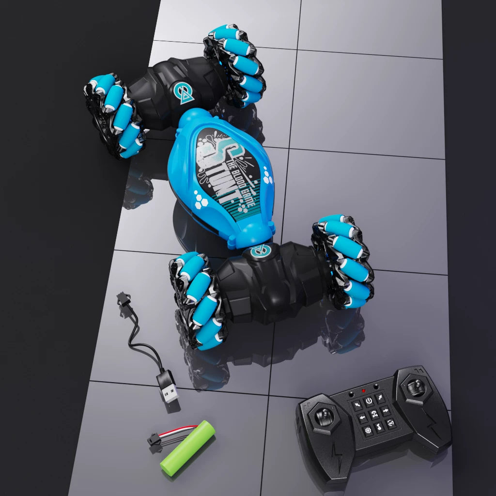 Blue twist RC car with handheld remote and charging accessories