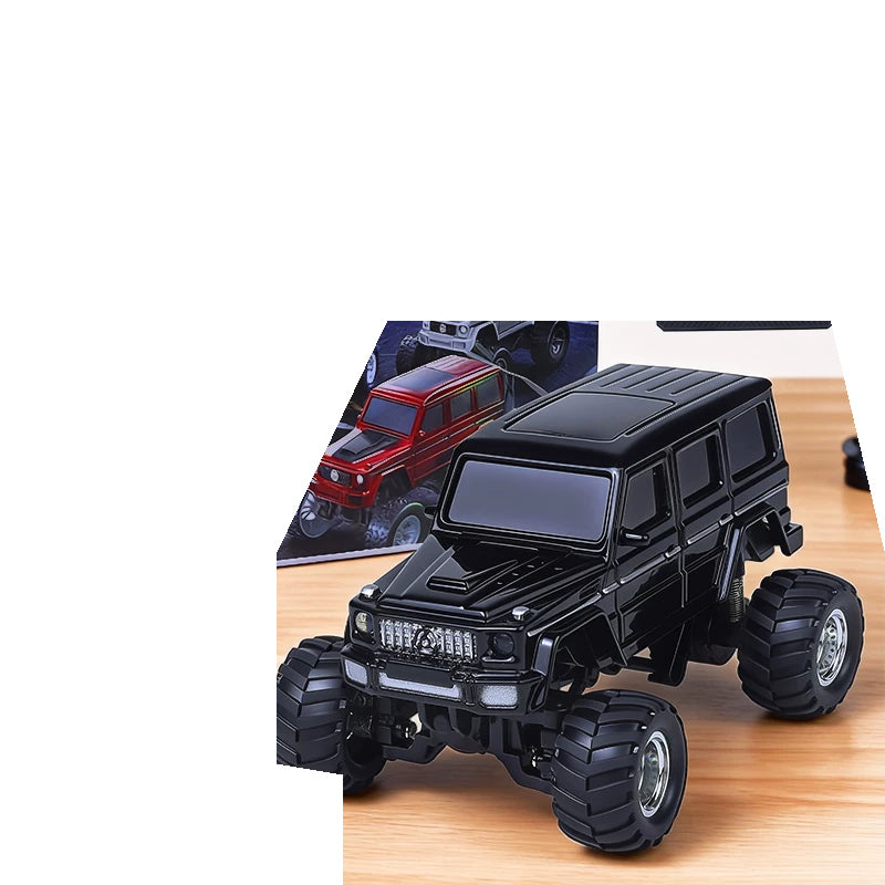 Black G-Class-style RC SUV showing the front body and wheels