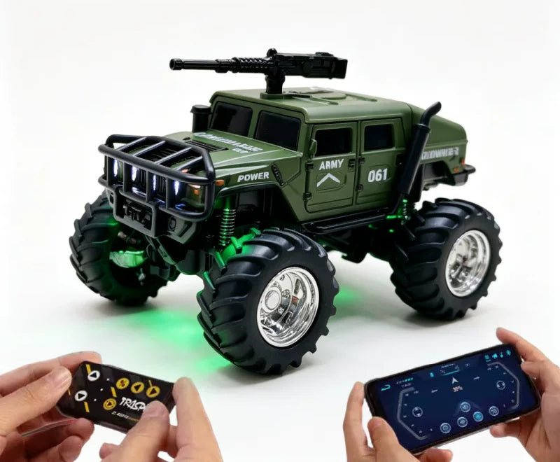 Mini Military-Style RC Truck - Color Selection: Green mini military-style RC truck with roof display detail; phone is a control illustration, not supplied