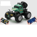 Green retro RC monster truck with rear-mounted spare-wheel detail