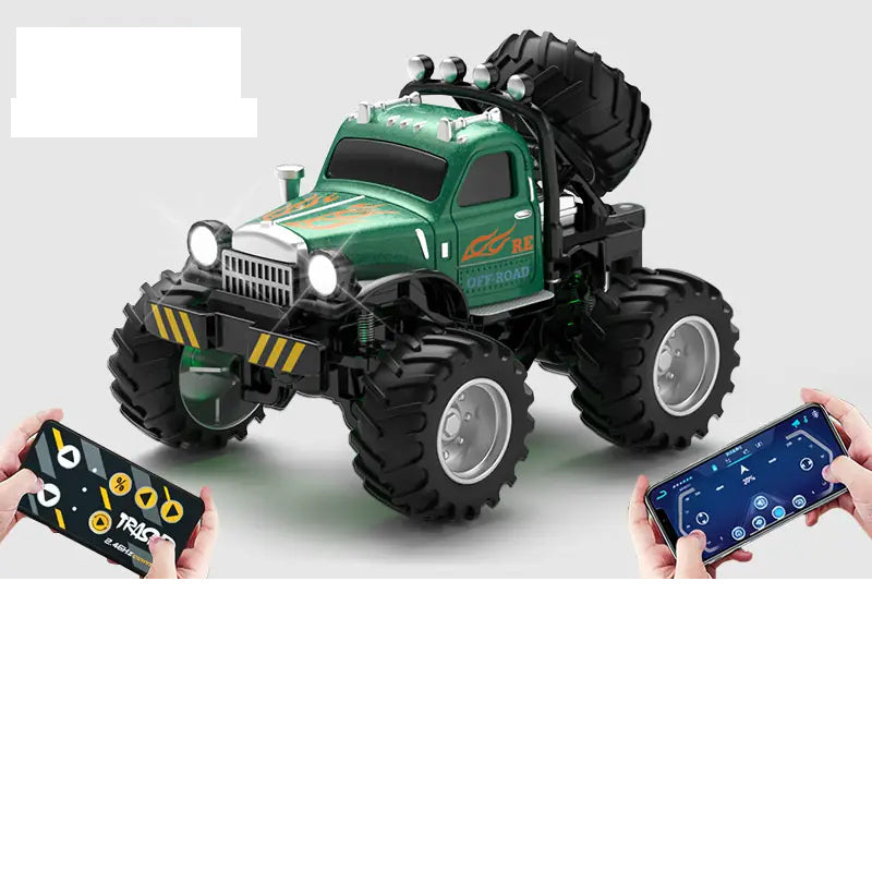 Green retro RC monster truck with rear-mounted spare-wheel detail