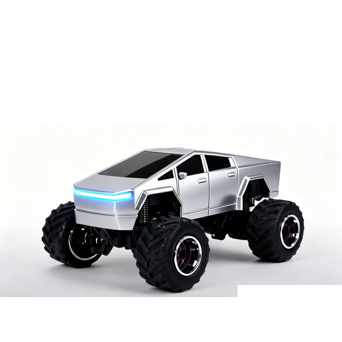 Silver angular mini RC truck with oversized treaded tires