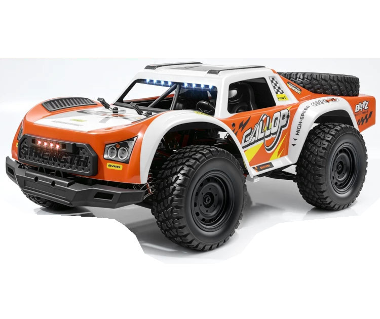 Orange 1:14 short-course RC truck, rc390 brushed exterior; selected battery and shock package listed separately
