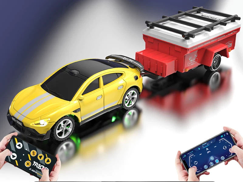 Mini RC Hatchback Racer with Optional Trailer: Yellow mini RC hatchback and tow trailer; phone illustrates app control, not supplied