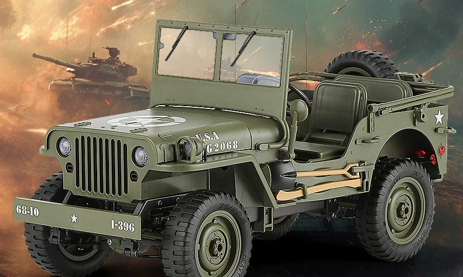 Green military-style RC Jeep body detail before fitting the selected DIY accessories