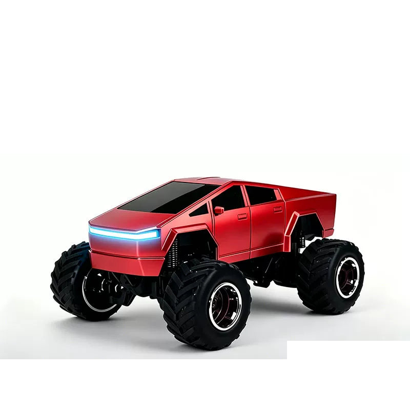 Red angular mini RC truck with oversized treaded tires