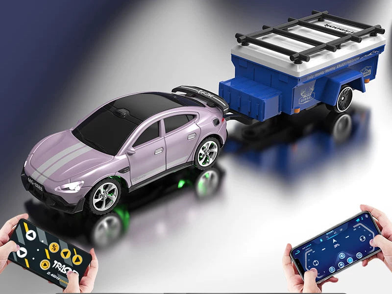 Mini RC Hatchback Racer with Optional Trailer: Purple mini RC hatchback and tow trailer; phone illustrates app control, not supplied