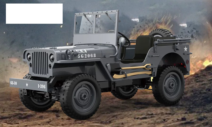 Gray military RC Jeep body; selected battery quantity is not shown