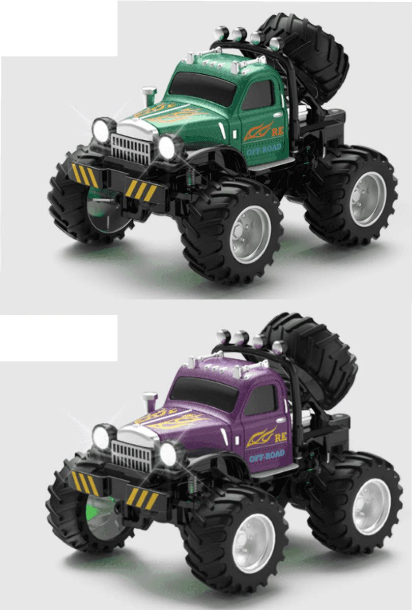 Green and Purple retro RC monster trucks in a two-truck color pair