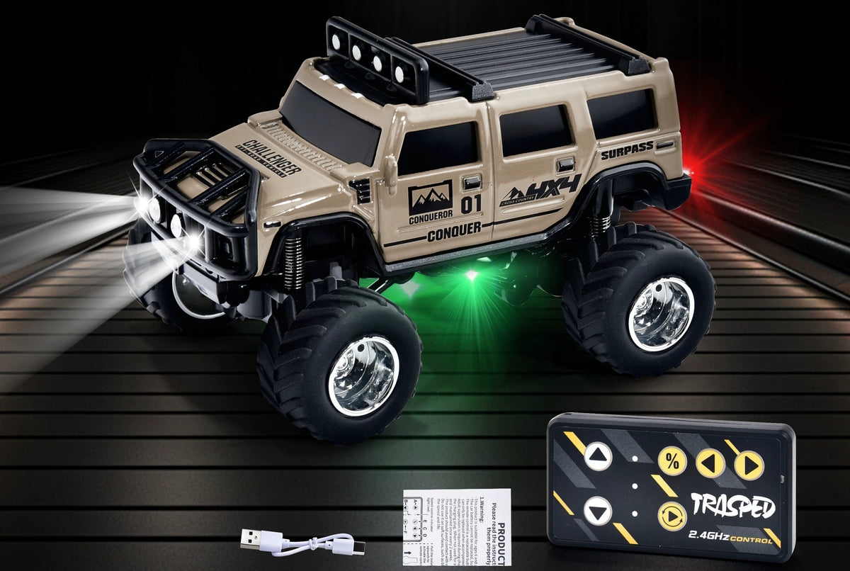 Khaki Hummer-style mini RC SUV beside a card-style remote and USB cable