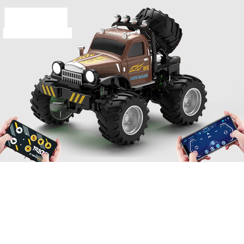 Brown retro RC monster truck with rear-mounted spare-wheel detail
