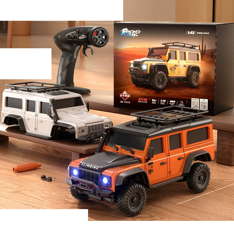 HB R43 1:43 Mini RC Crawler SUV Series: R4305 / Orange Expedition SUV with one handheld controller and one spare white body shell; one complete vehicle supplied