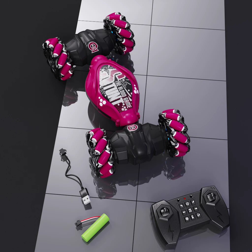 Red twist RC car with handheld remote and charging accessories