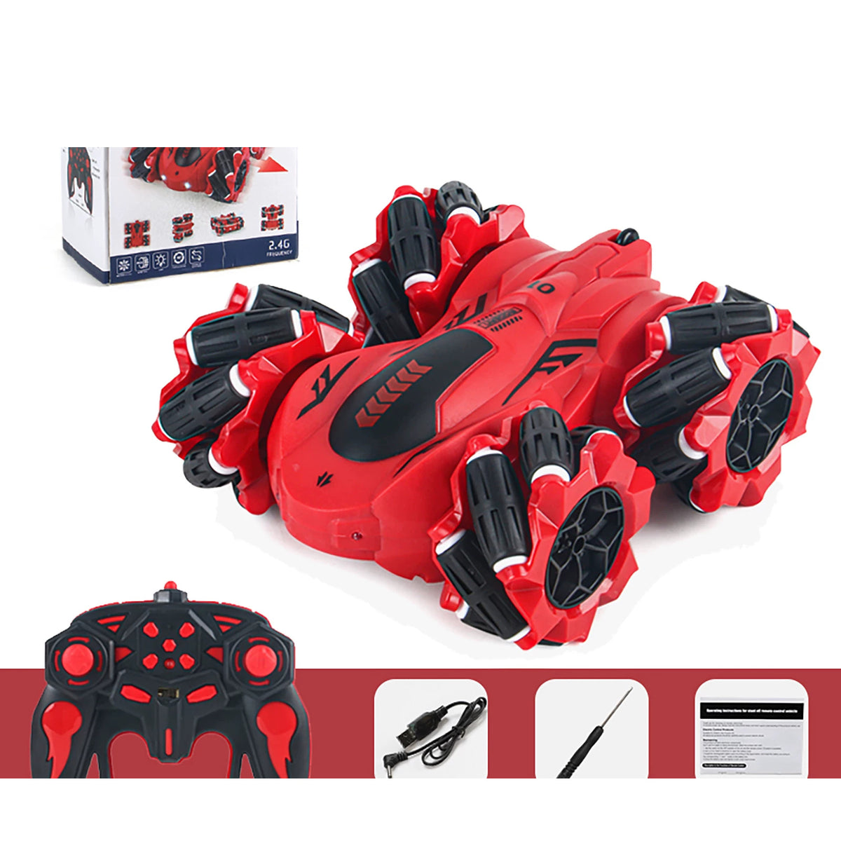 Red RC stunt car in the Lights and Music configuration