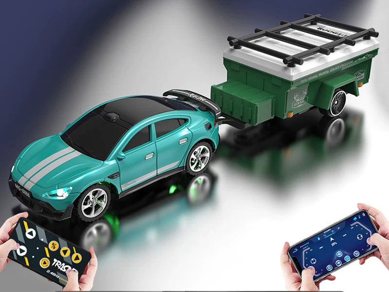 Mini RC Hatchback Racer with Optional Trailer: Teal mini RC hatchback and tow trailer; phone illustrates app control, not supplied