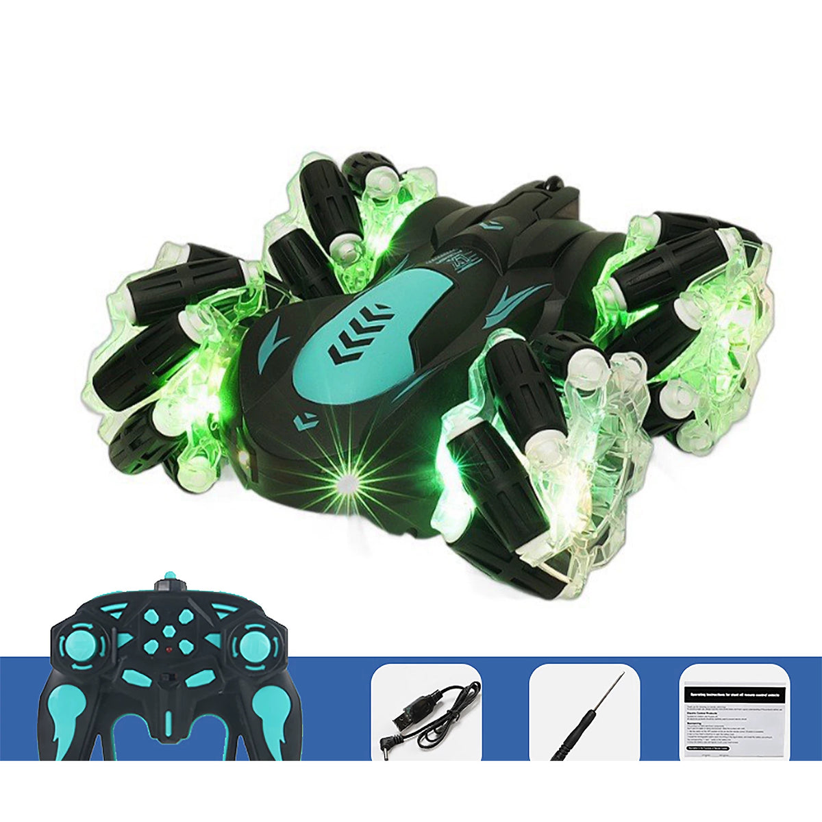 Blue RC stunt car in the Light-Up Wheels configuration