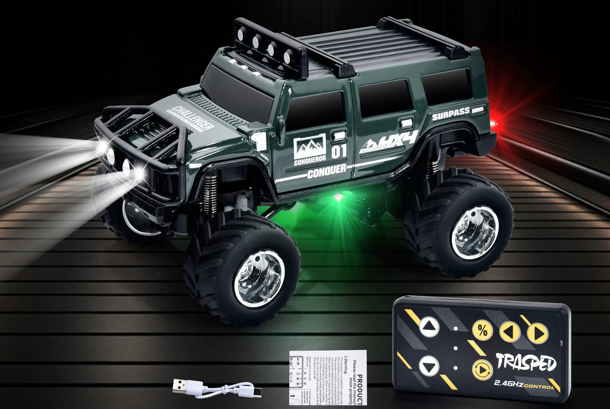 Green Hummer-style mini RC SUV beside a card-style remote and USB cable