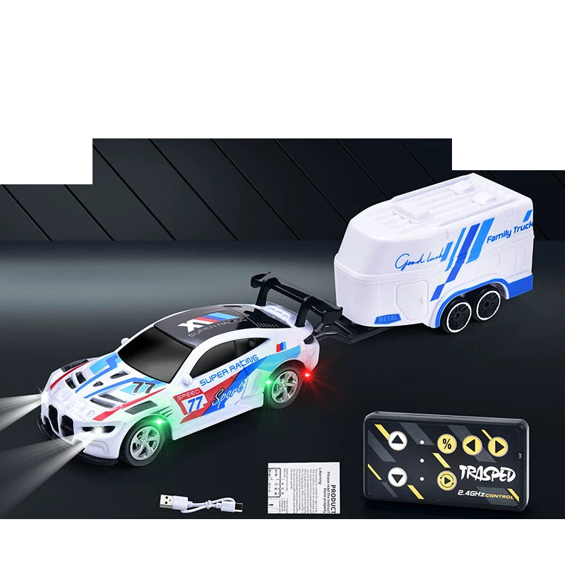 Mini RC Racing Coupe with Controller and Trailer Choices: White mini RC car with matching trailer and mini controller; package version selected separately