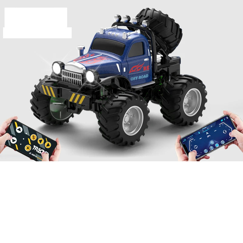 Blue retro RC monster truck with rear-mounted spare-wheel detail