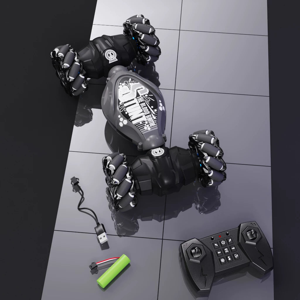 Gray twist RC car with handheld remote and charging accessories
