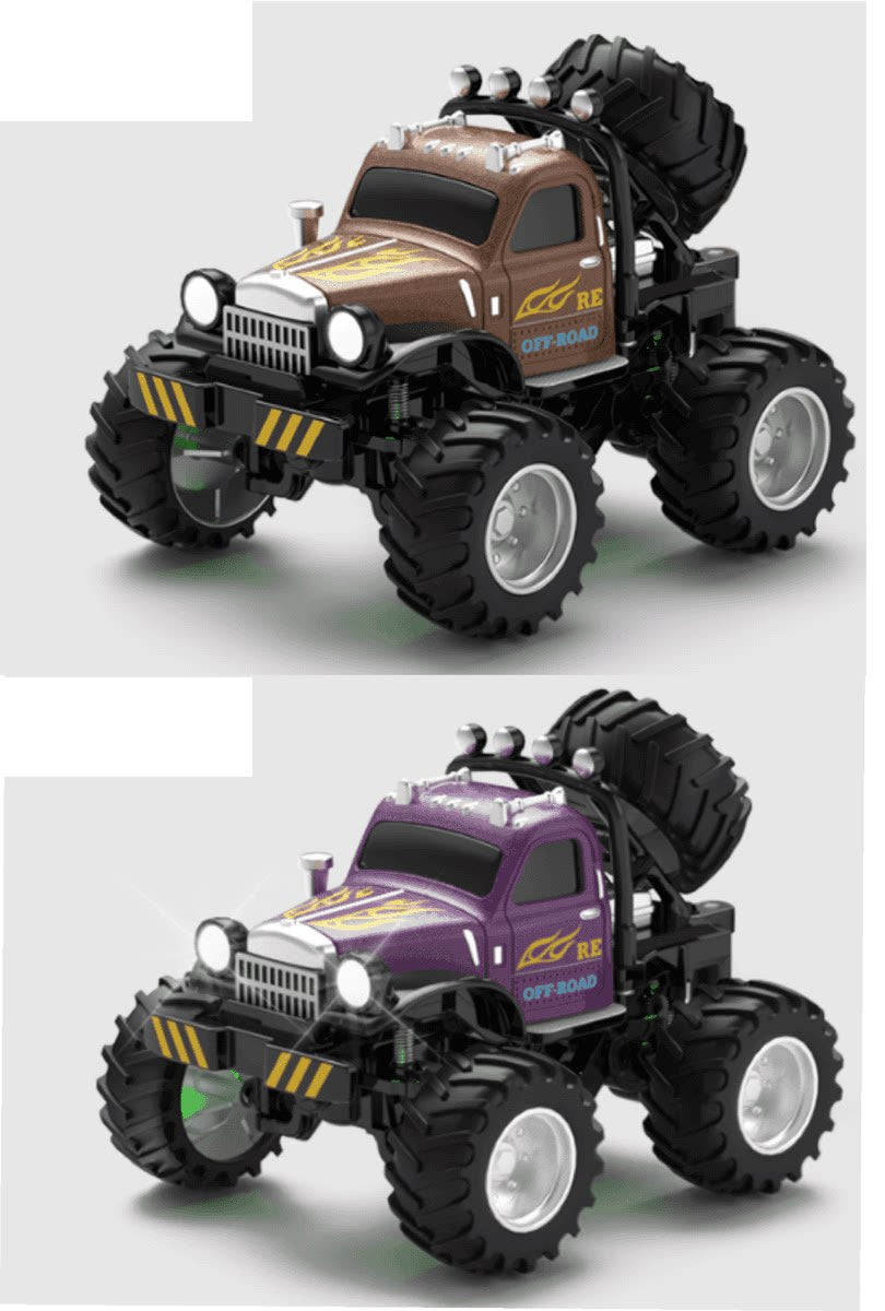 Brown and Purple retro RC monster trucks in a two-truck color pair