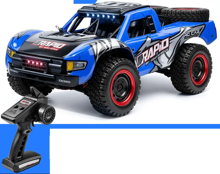 Blue RAPID Q130A vehicle and controller; battery count and shock package depend on the selected configuration