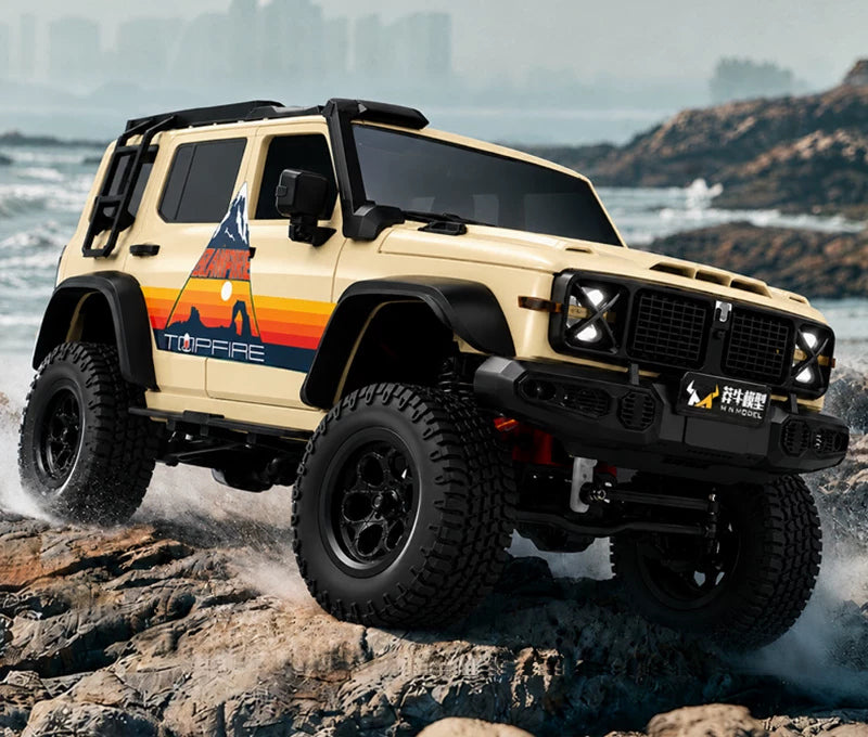 Desert-yellow striped MN300S portal-axle SUV body shown on rocky terrain