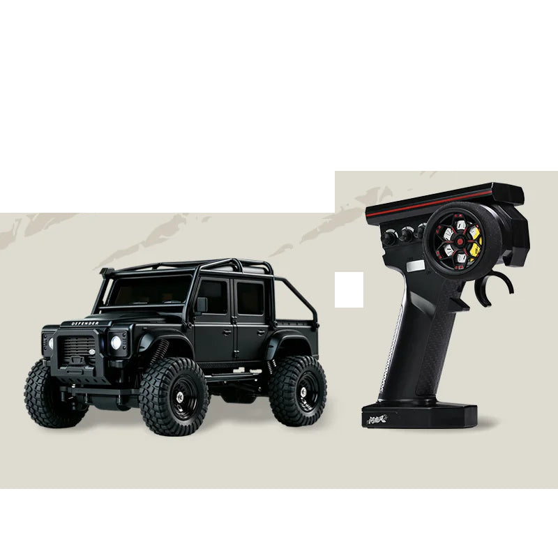 Black 1:43 Defender 110 RC SUV with pistol-style remote controller