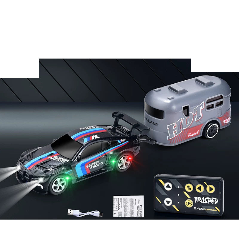 Mini RC Racing Coupe with Controller and Trailer Choices: Black mini RC car with matching trailer and mini controller; package version selected separately