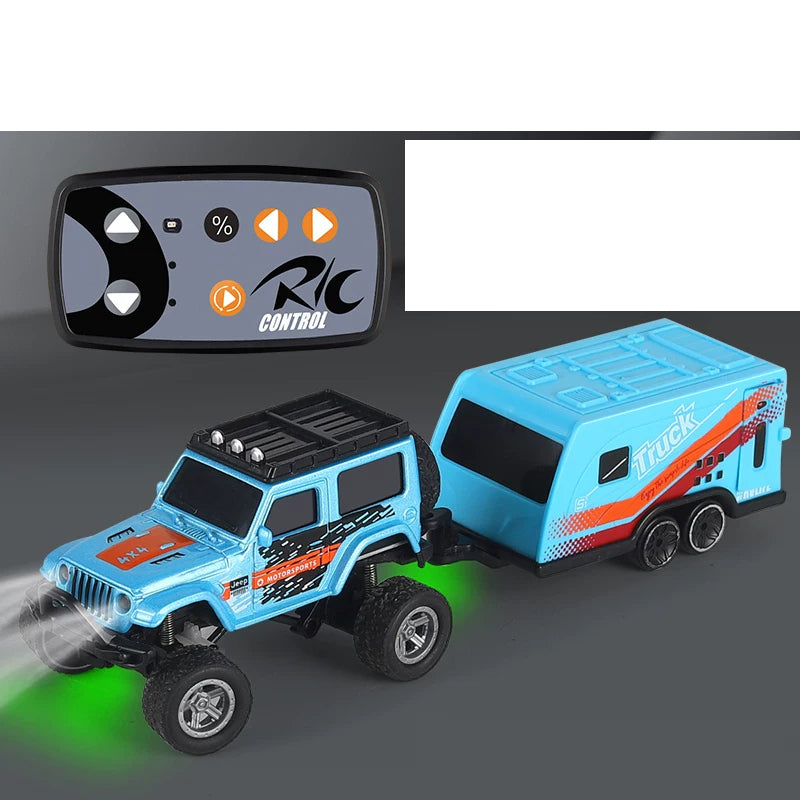 Mini RC SUV with Color and Trailer Choices: Blue mini RC SUV with matching trailer and its mini controller