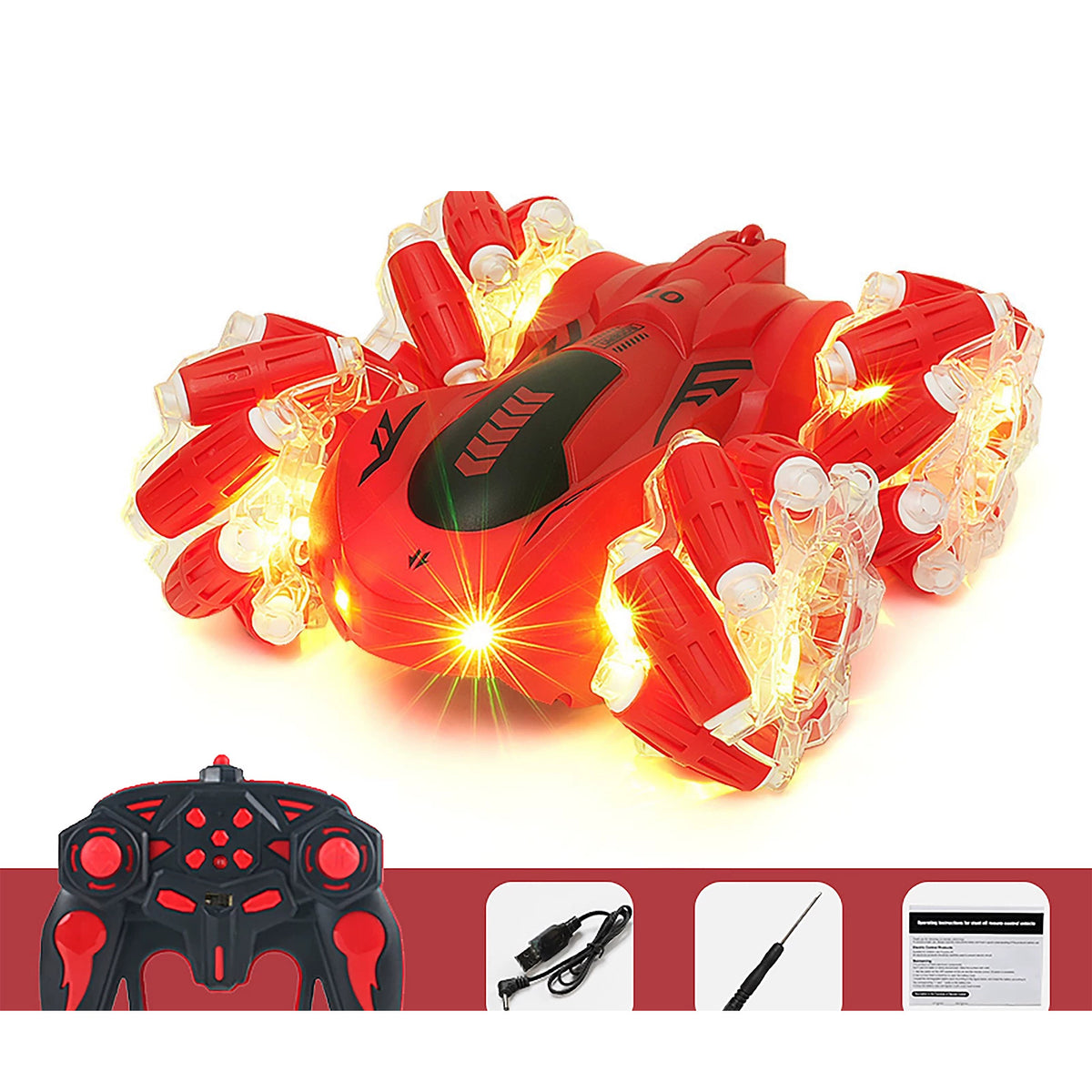 Red RC stunt car in the Light-Up Wheels configuration