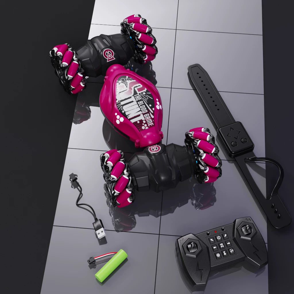 Red twist RC car with handheld remote and watch controller and charging accessories