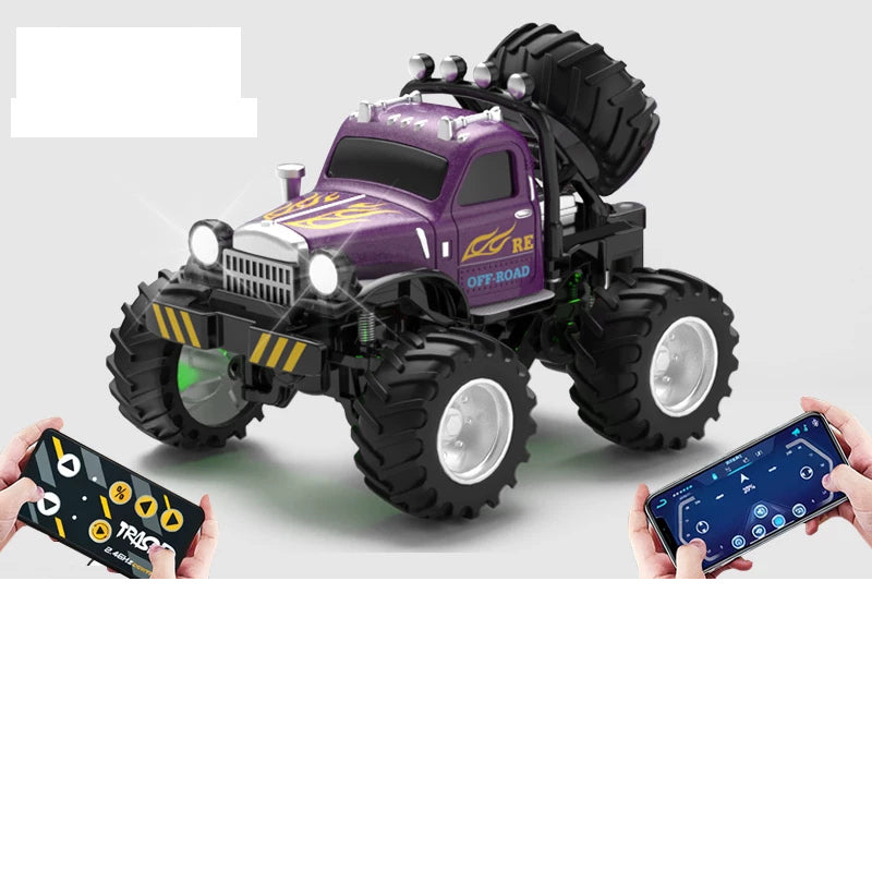 Purple retro RC monster truck with rear-mounted spare-wheel detail
