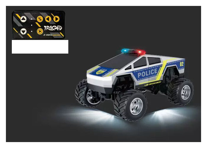 Silver Police 02 RC monster pickup with chrome-finish wheel hubs and yellow-button card remote