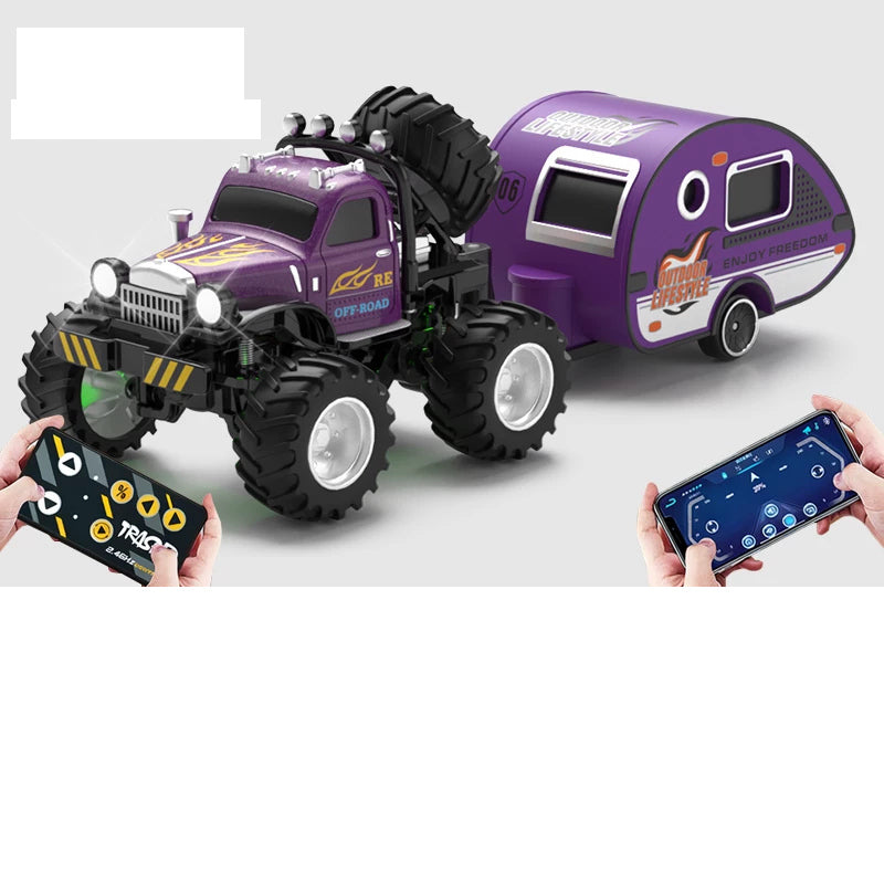 Purple retro RC monster truck with matching camper trailer