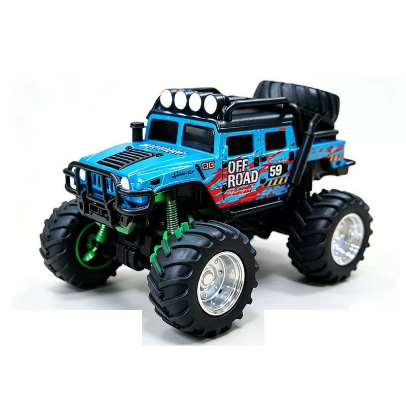 Sky Blue mini RAGE RC truck showing its body graphics and treaded tires