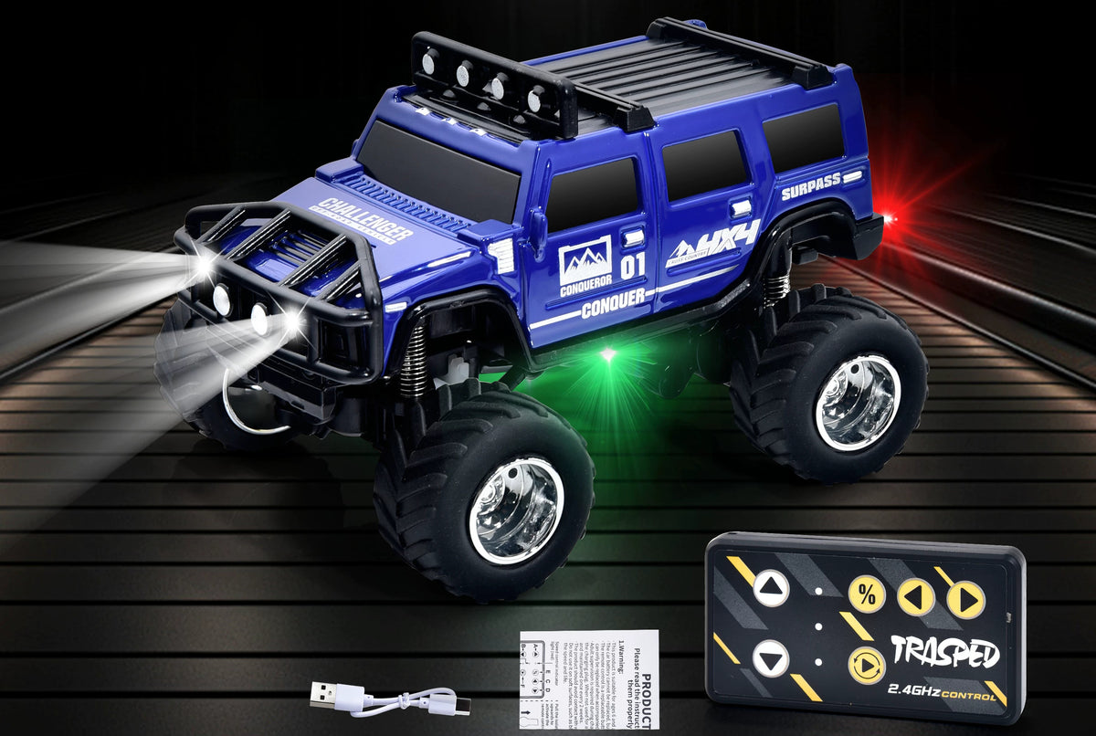 Blue Hummer-style mini RC SUV beside a card-style remote and USB cable