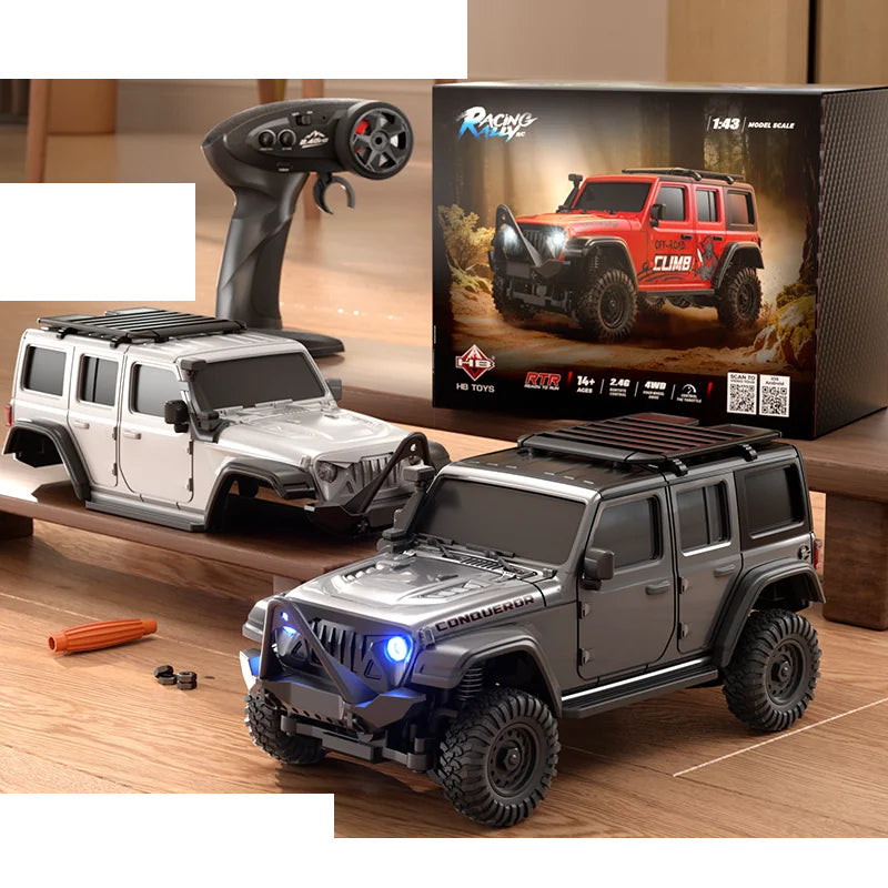HB R43 1:43 Mini RC Crawler SUV Series: R4308 / Silver CONQUEROR SUV with one handheld controller and one spare white body shell; one complete vehicle supplied