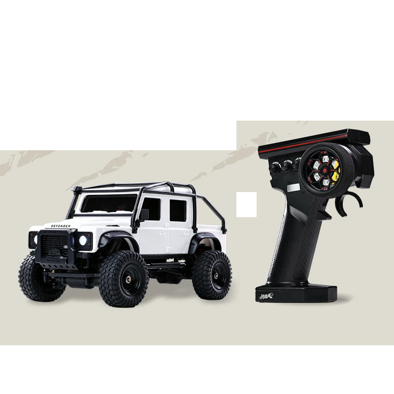 White 1:43 Defender 110 RC SUV with pistol-style remote controller