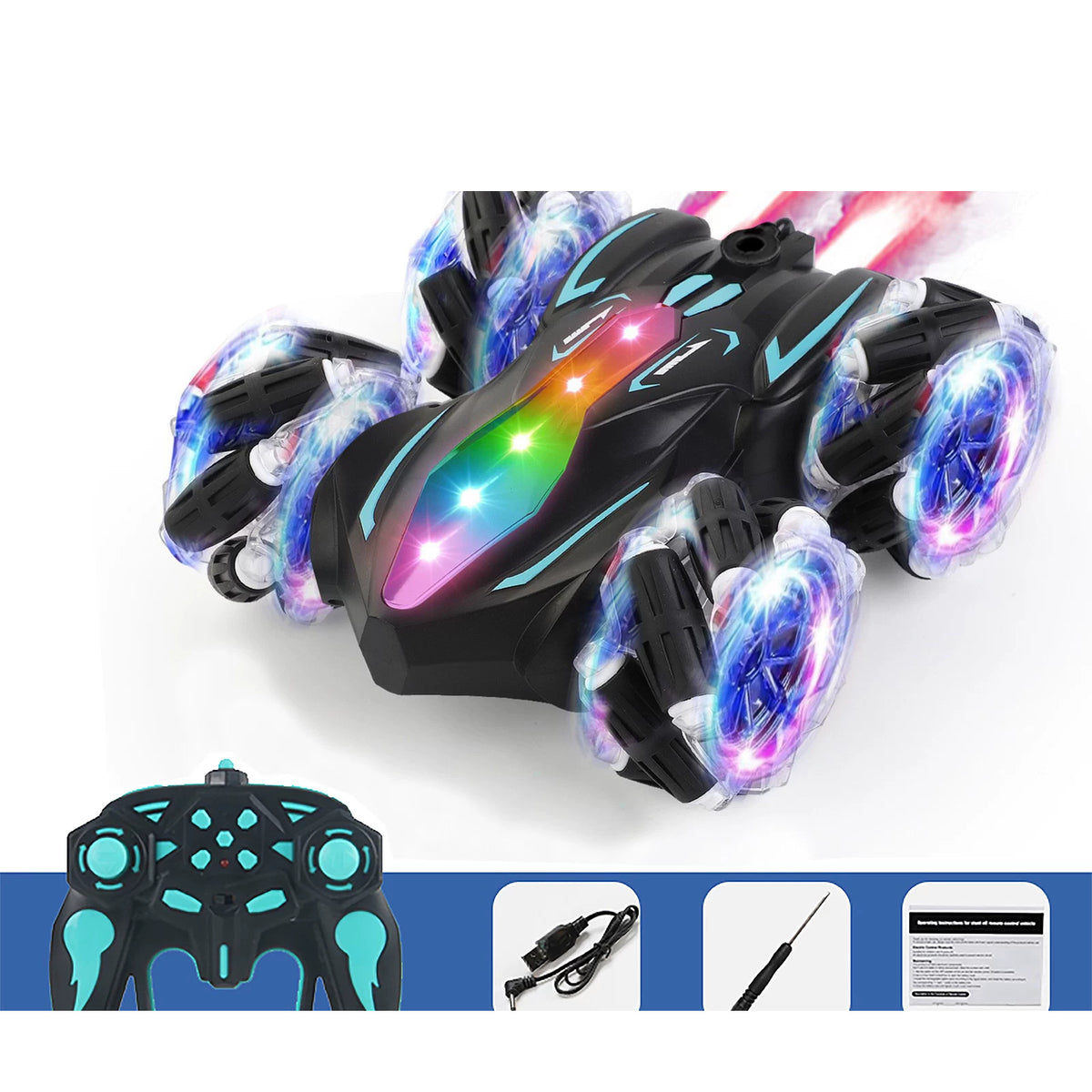 Blue RC stunt car in the Light-Up Wheels and Dual Spray configuration