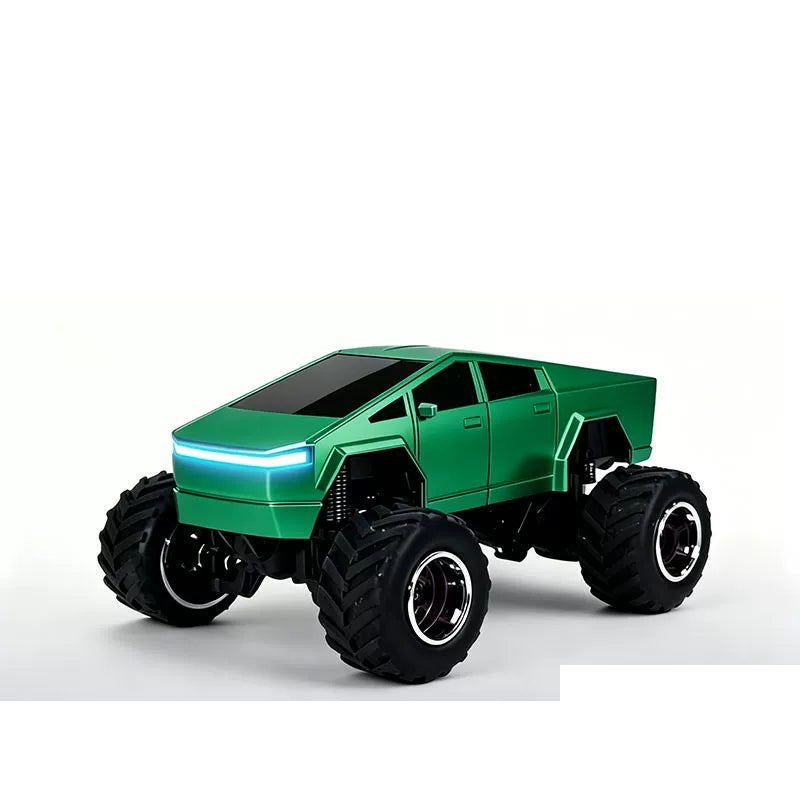 Green angular mini RC truck with oversized treaded tires