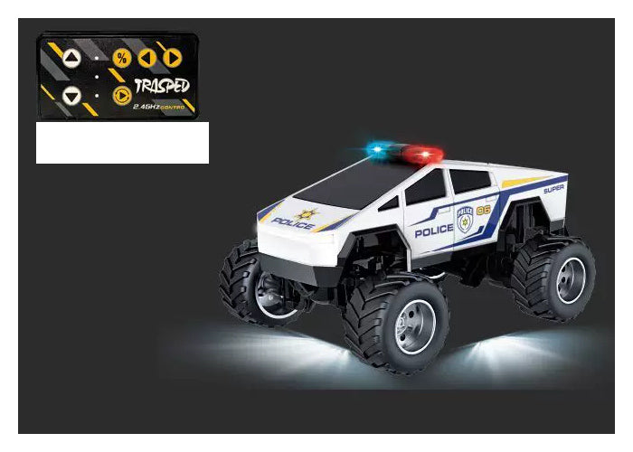 White Police 06 RC monster pickup with chrome-finish wheel hubs and yellow-button card remote