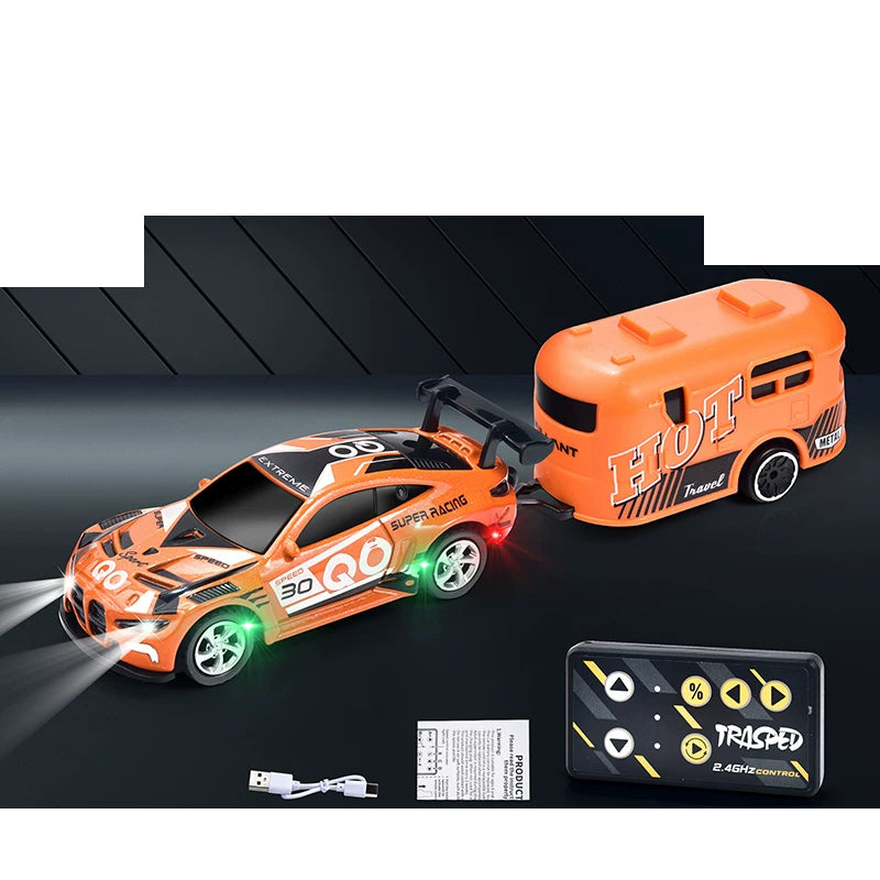 Mini RC Racing Coupe with Controller and Trailer Choices: Orange mini RC car with matching trailer and mini controller; package version selected separately