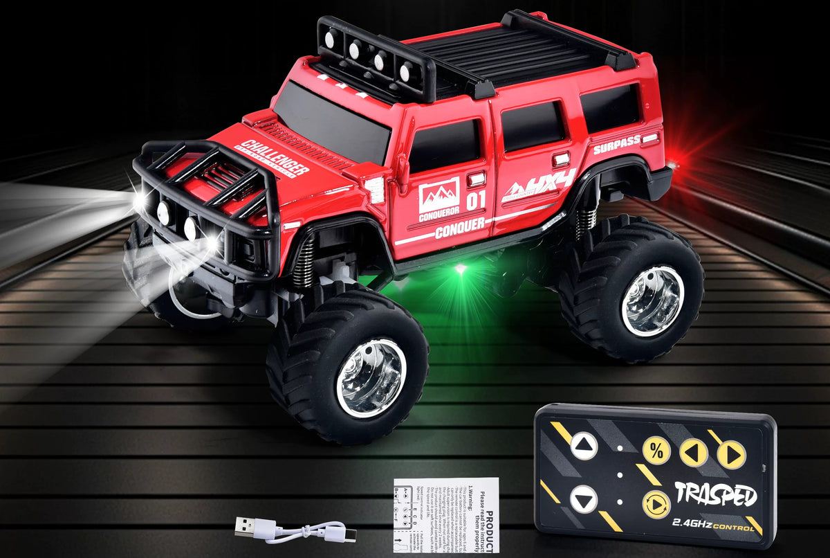 Red Hummer-style mini RC SUV beside a card-style remote and USB cable