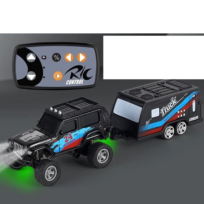 Mini RC SUV with Color and Trailer Choices: Black mini RC SUV with matching trailer and its mini controller
